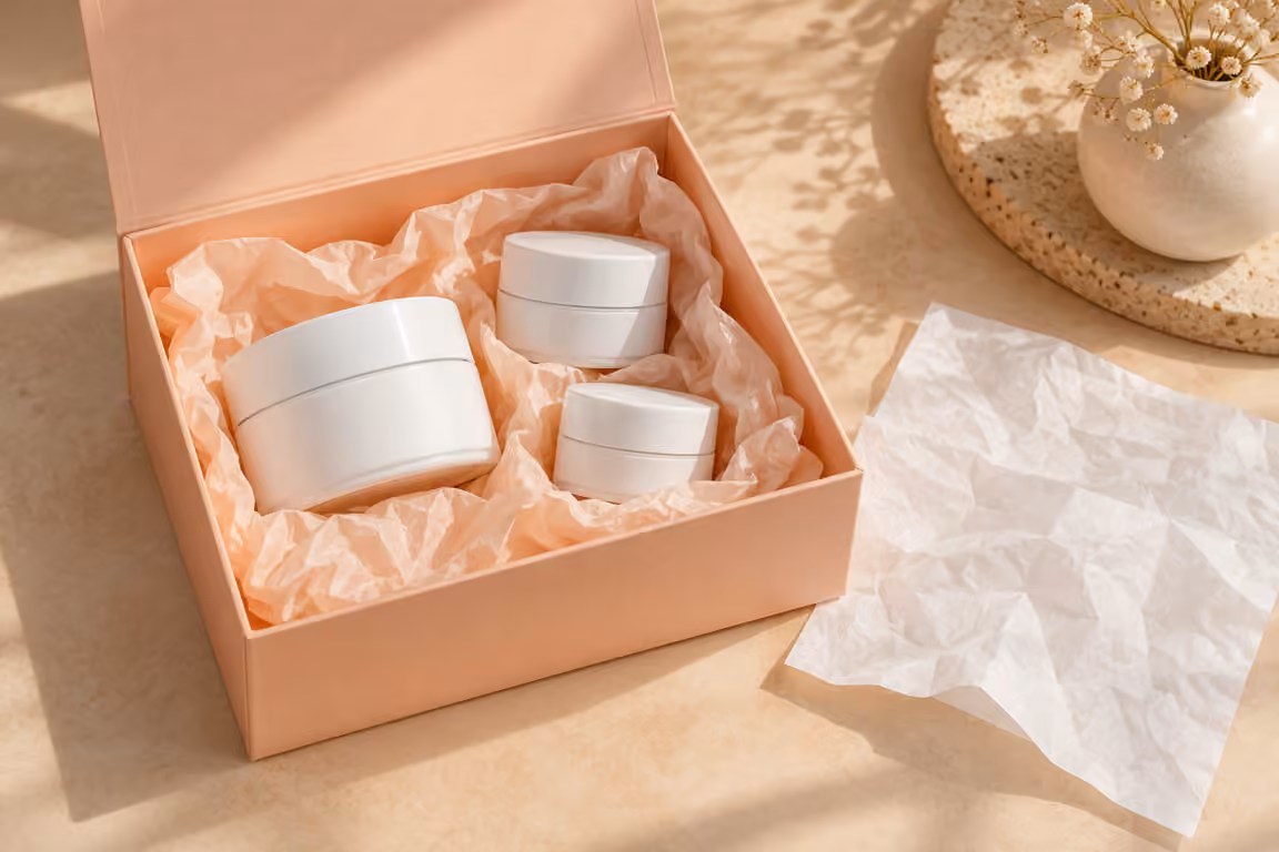 AI-generated concept of peach tissue and sealed cosmetic jars inside a gift box