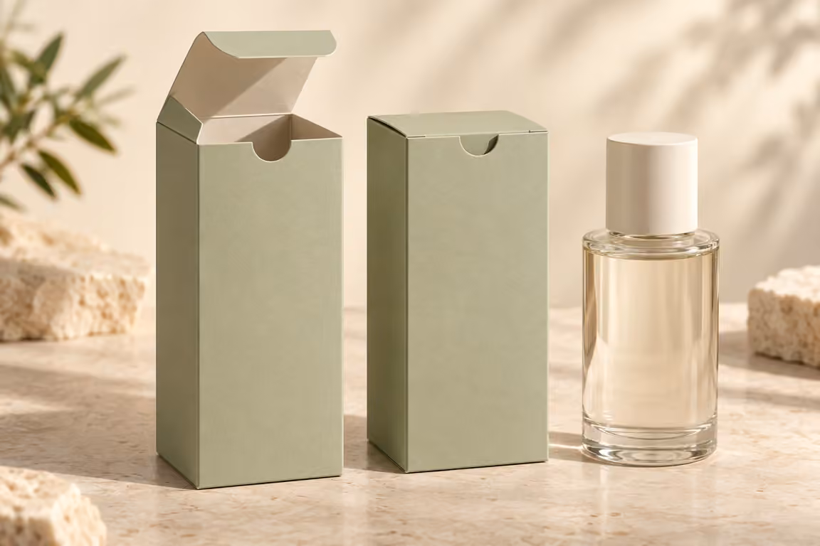 AI-generated concept of sage skincare cartons with a visible tuck opening