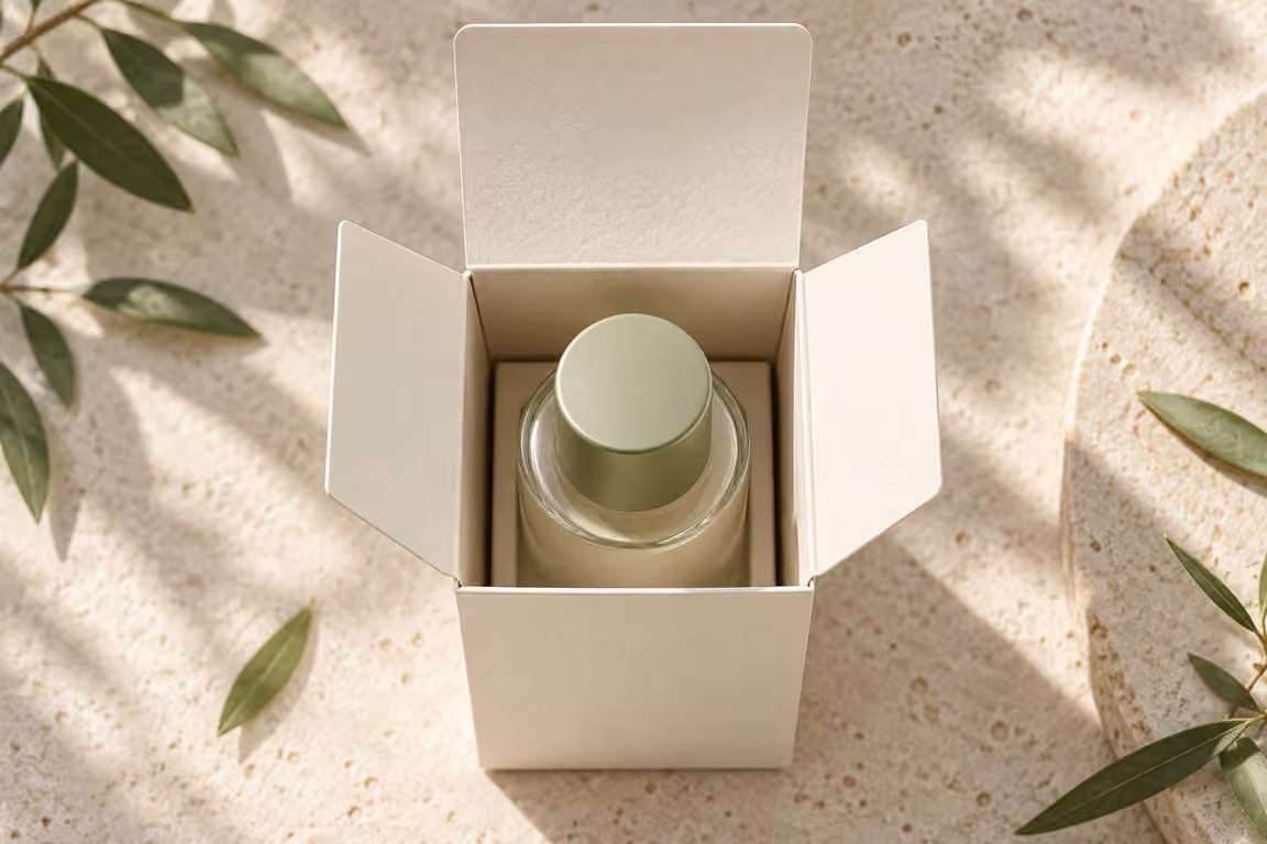 AI-generated concept of an open carton with dust flaps around a sealed bottle