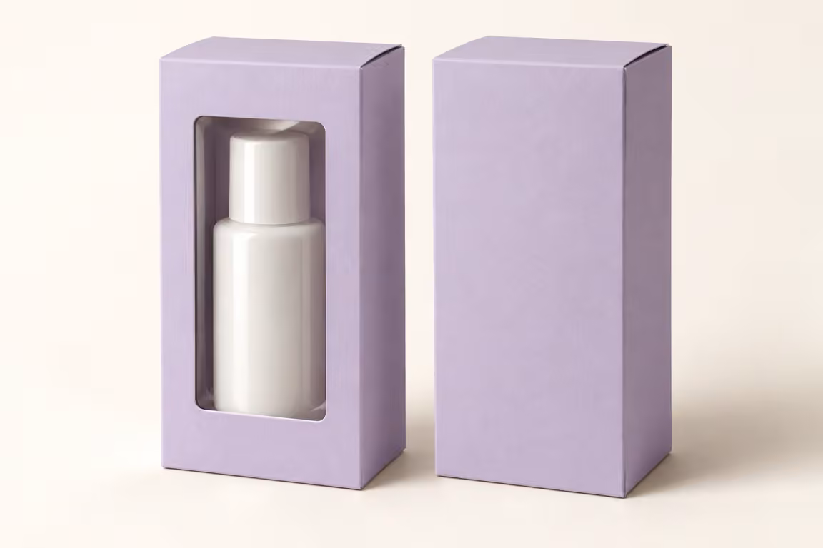 AI-generated concept of a lilac window carton displaying a sealed skincare bottle