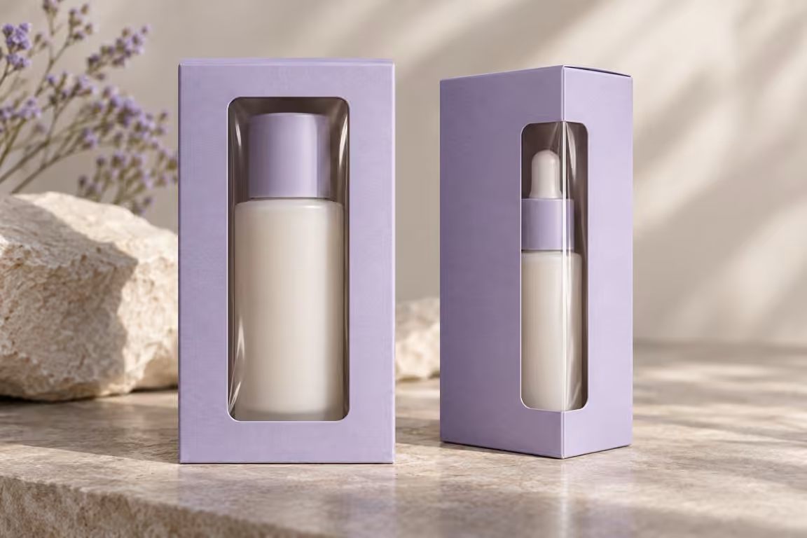 AI-generated concept of two different window placements on cosmetic cartons
